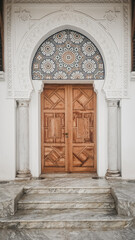 Obraz premium Beautifully symmetrical wooden door framed by white arches, marble steps, and intricate zellige tilework, captured in Rabat, Morocco.