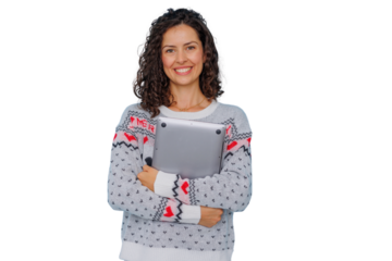 Young woman wearing christmas sweater holding laptop, smiling, celebrating seasonal holidays, transparent background