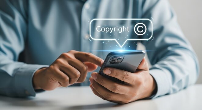 A man using a smartphone with a copyright symbol on the screen, protecting intellectual property and preventing infringement of rights
