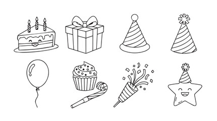 Hand drawn birthday celebration elements sketchy line art party icons set festive symbols vector