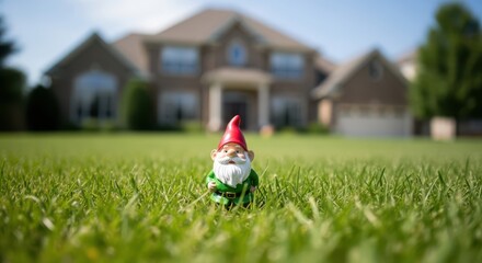 Small garden gnome standing on lush green lawn in front of large house