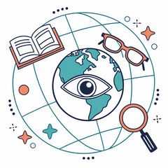 Fototapeta premium Explore the World of Knowledge with Global Vision and Insightful Discovery, Featuring a Book, Magnifying Glass, and Eye on the World, Perfect for Education