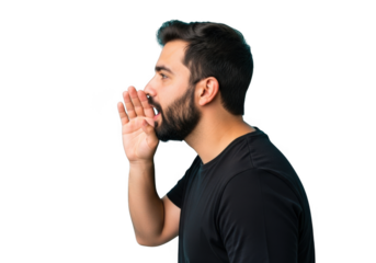 Man whispering secret information or sharing important news close to the ear isolated on transparent background