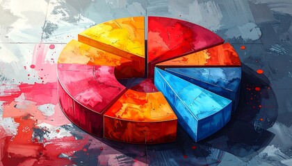 A vibrant, 3D pie chart rendered in a painterly style sits on a textured surface
