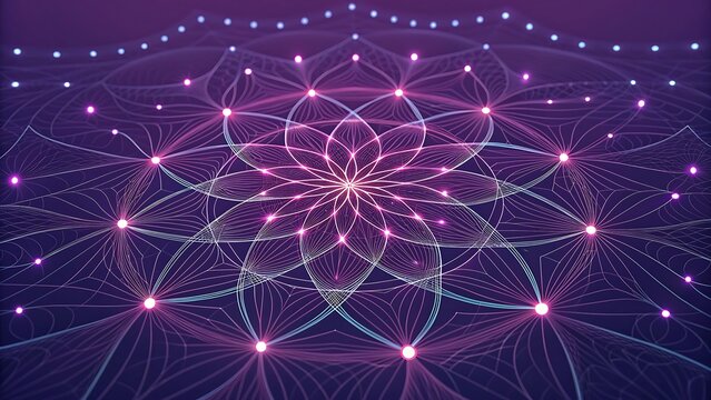 Abstract geometric fractal mandala with glowing pink and purple lights