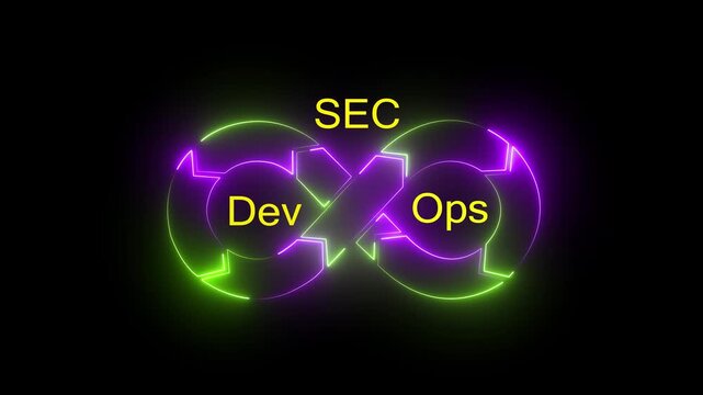 Neon glowing DevSecOps infinity loop animation showing secure development, operations and security integration for continuous software delivery and automation process.