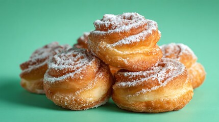 Zeppole arranged in spiral, pastel green background, airy composition