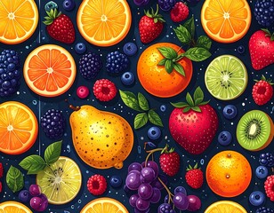 Highly detailed vector illustration of a colorful fruit truck parked in a street market scene. The truck is fully loaded with neatly arranged crates and baskets of fresh fruits including bananas, oran