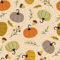 Autumn Pumpkins and Leaves Vector Seamless Pattern