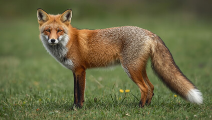Fototapeta premium Close-Up of a Red Fox Standing on Grass, Looking Directly at the Camera