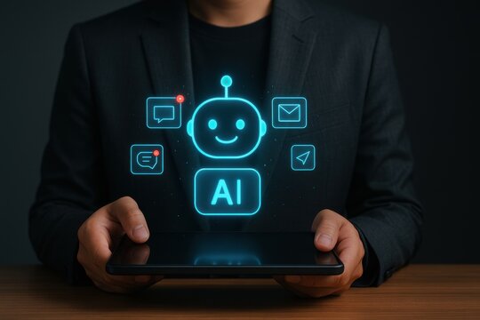 Businessman holding tablet with holographic AI chatbot assistant icons
