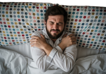 Man covered in colorful pollen particles lying in bed feeling unwell isolated on transparent background