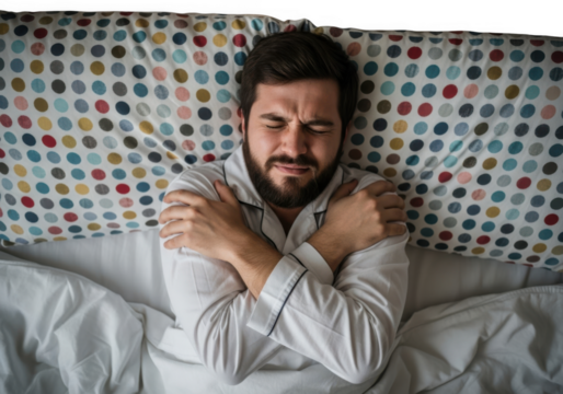 Man covered in colorful pollen particles lying in bed feeling unwell isolated on transparent background - Powered by Adobe