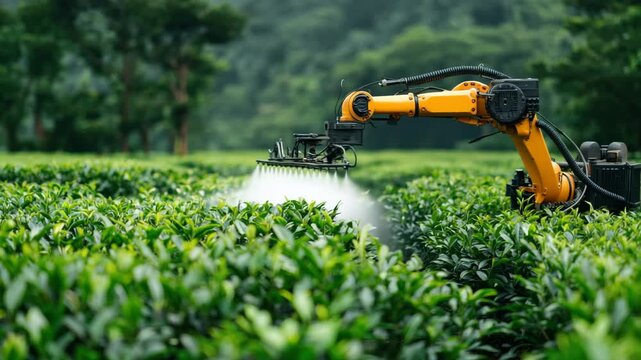 A robot equipped with spraying equipment efficiently applies treatment to tea plants in a vibrant plantation. The lush greenery and clear skies enhance the productivity of the harvest