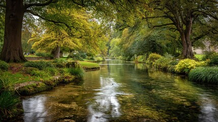 A serene river scene surrounded by lush greenery and vibrant autumn foliage, reflecting the calm waters under dappled light.