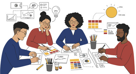 Diverse team collaborating on business strategy, brainstorming ideas, and analyzing data for successful project planning and execution
