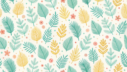 Naklejka premium Seamless pattern, childlike doodle watercolor style, messy green scribble pine leaves background 