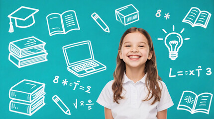 Back to school excitement shown with cheerful girl in front of doodle chalkboard symbolizing creativity and child development