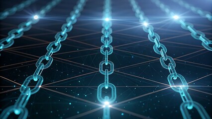 Glowing digital blockchain network with interconnected chains and light effects