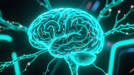 Conceptual image of human brain glowing in futuristic hologram style symbolizing positive thinking and mental health care
