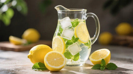 Fototapeta premium Homemade detox lemon water with ice and mint in glasses promoting hydration, wellness and healthy summer refreshment