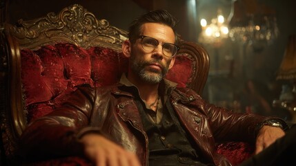 Obraz premium A stylish man with glasses sits confidently in a luxurious red chair, exuding a sense of sophistication and mystery in a dimly lit environment.