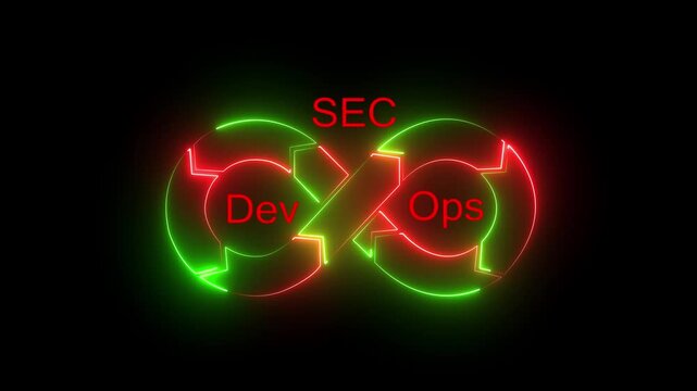 Neon glowing DevSecOps infinity loop animation showing secure development, operations and security integration for continuous software delivery and automation process.