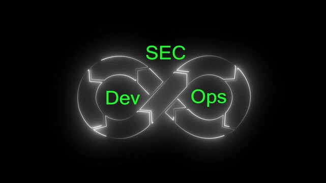 Neon glowing DevSecOps infinity loop animation showing secure development, operations and security integration for continuous software delivery and automation process.