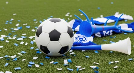 Soccer ball on green grass with blue and white fan scarf, horn, and confetti, symbolizing sportsmanship and team spirit
