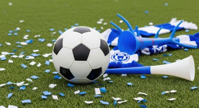Soccer ball on green grass with blue and white fan scarf, horn, and confetti, symbolizing sportsmanship and team spirit