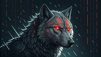Fierce cyberpunk wolf with glowing red eyes amidst digital rain and dark futuristic cityscape
