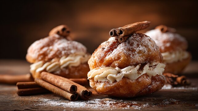Zeppole styled with cinnamon sticks, warm brown background, autumnal vibe
