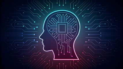 Artificial intelligence brain circuit board silhouette glowing with neon lights