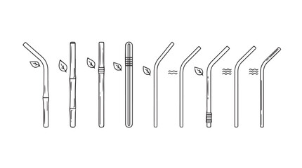 Collection of reusable straws diverse styles shapes materials cleaning tools detailed line drawings vector