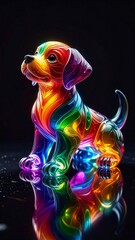 A beautiful and colorful puppy figurine made of rainbow-colored glass or crystal. The transparent dog statue creates vibrant reflections in a clean studio setting.