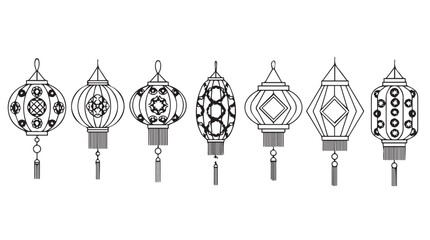 Collection of ornate asian paper lanterns in black and white outline style vector