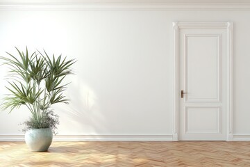 Empty White Room With Plant And Wooden Floor