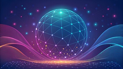 Abstract glowing digital sphere with connecting lines and waves of light