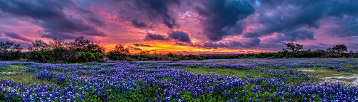 A vibrant sunset illuminates a field of bluebonnet flowers under dramatic clouds, creating a stunning natural landscape.
