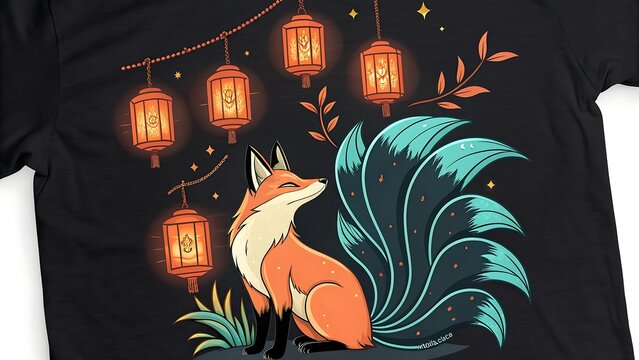 Enchanting nine tailed fox spirit gazing upwards amidst glowing japanese lanterns
