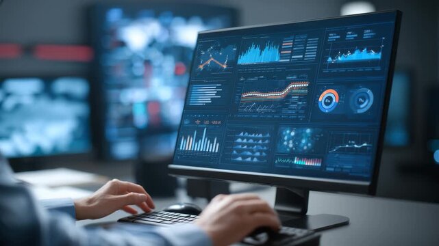 A person analyzes data on multiple screens in a contemporary office. Graphs and charts are displayed, showing various metrics and trends. The focus is on interpreting complex information