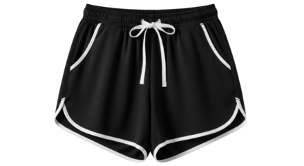 Isolated black casual sports shorts with white trim and drawstring for women or girls