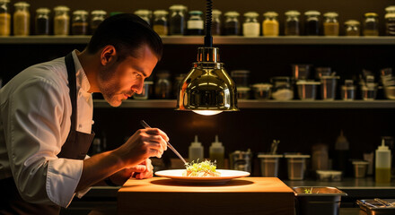The Art of Gourmet Presentation: Professional Chef Creating Elegant Haute Cuisine for use in marketing campaigns, stock photography for advertisements, and social media promotions for fine dining