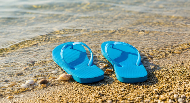 Blue Flip Flops on Sandy Beach near the Water