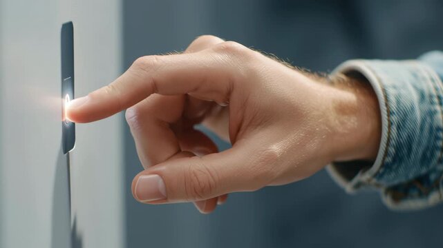 Fingerprint scanning sensor technology for biometric security with hand pressing finger on illuminated elevator panel button close up authentication