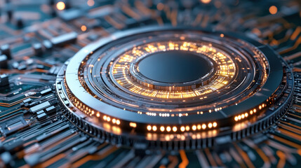 High tech circuit board with glowing elements and intricate patterns, showcasing advanced