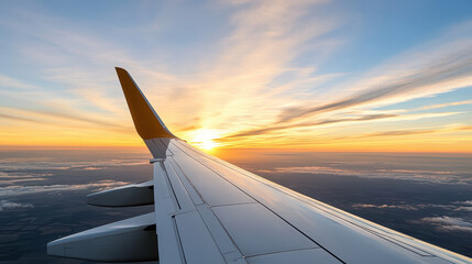 Fototapeta premium Aerial view of airplane wing during sunset with vibrant colors and clouds below