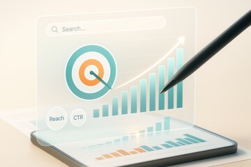 Tablet showing holographic target with upward growth chart and CTR metrics
