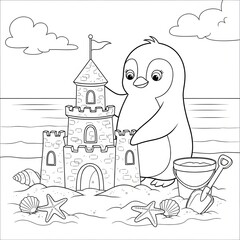 Cute penguin coloring page. Adorable cartoon animal illustration building a sandcastle at the beach. Playful summer scene with seashells and a starfish. Fun activity sheet for kids.