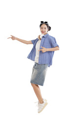 Joyful Direction: A woman with a radiant smile, dressed in casual attire, points enthusiastically with both hands, captured in a bright, photorealistic depiction of happiness and guidance. 